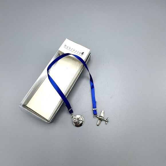 Vtg Danforth Vermont Pewter Bookmark Blue Ribbon Plane Globe Box Travel Reading - Picture 1 of 9